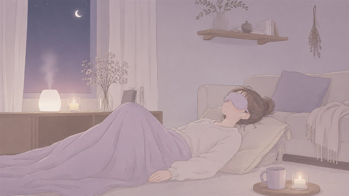 疲れた夜、アイマスクをして横になる女性のイラスト。キャンドルや加湿器が灯る静かな部屋